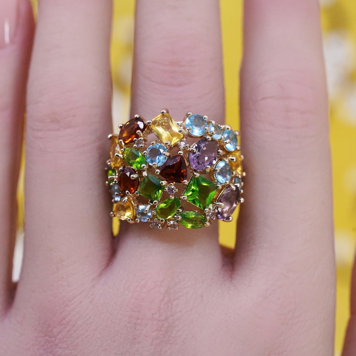 Size 9.75, yellow gold plated Sterling 925 silver ring citrine ruby peridot