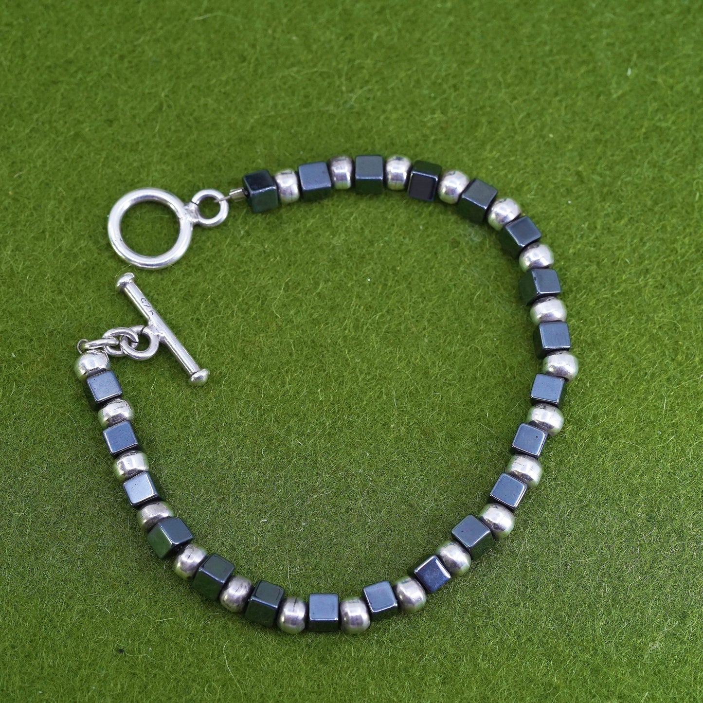 7”, Vintage handmade bracelet, hematite cubes with 925 silver beads chain