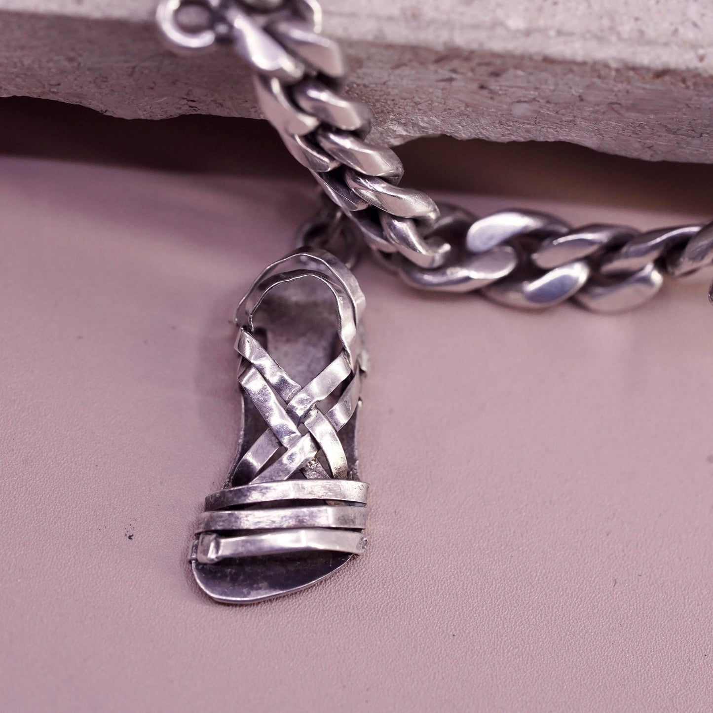 6.75” Castelan sterling silver bracelet, 925 curb chain 2 charms Mayan calendar