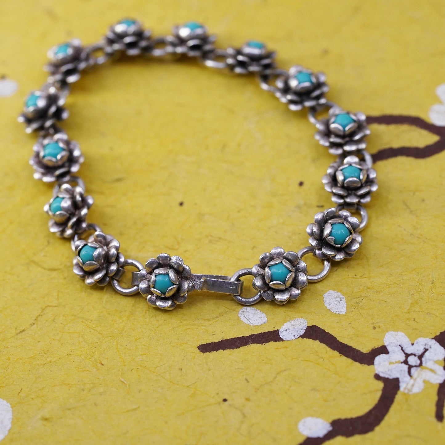 5.5", Vintage Sterling silver bracelet, southwestern 925 flower with turquoise