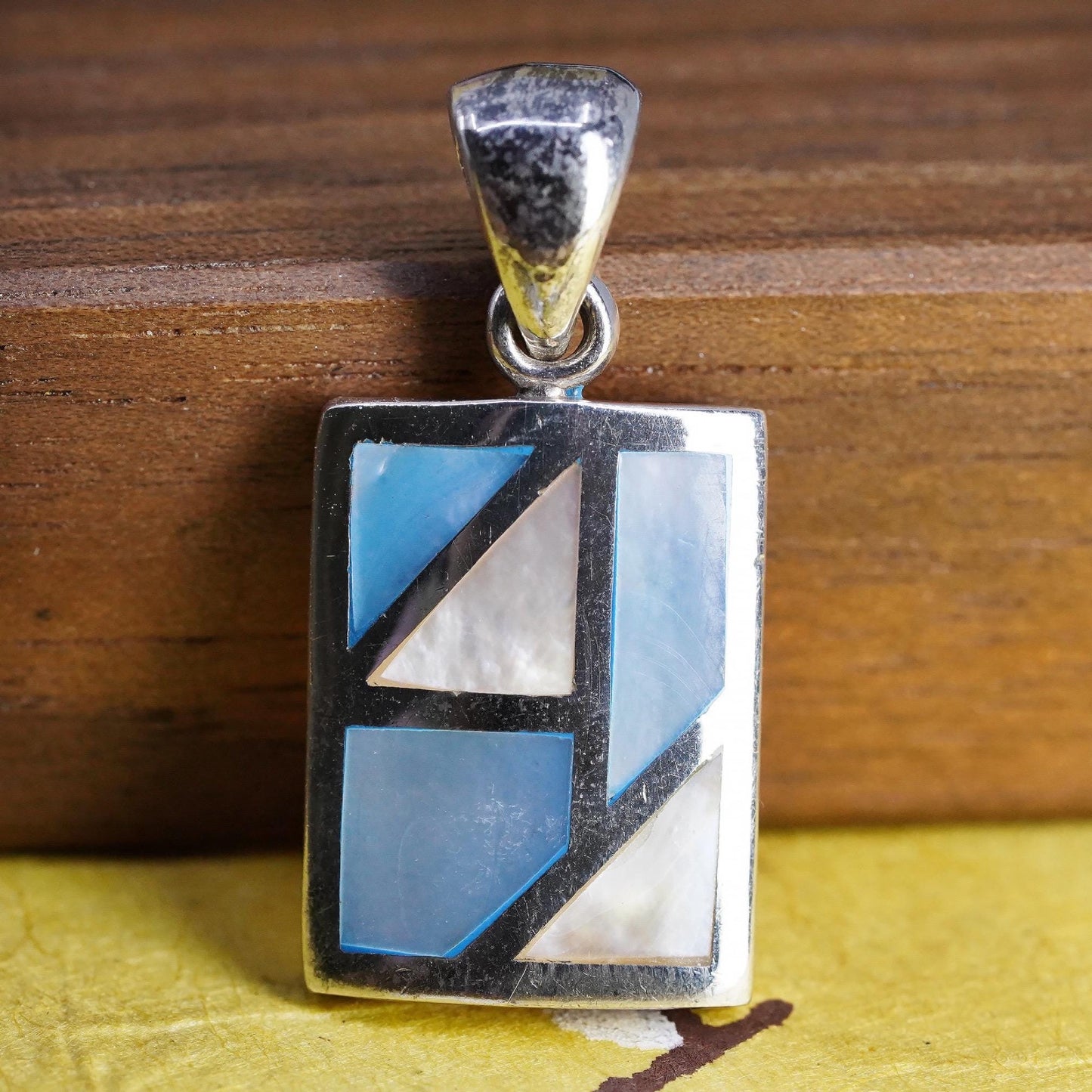 925 Sterling Silver Blue Pink Mother of Pearl Pendant Modernist Rectangle Charm
