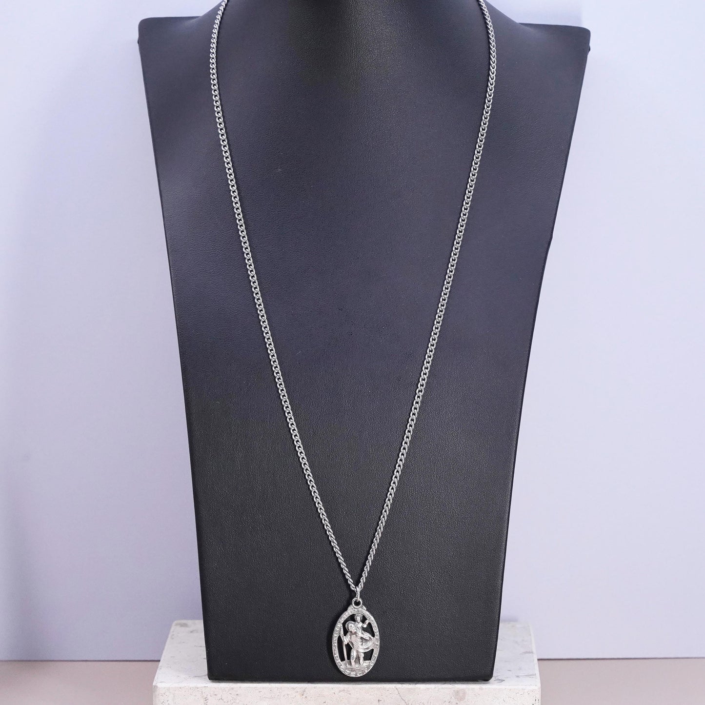 24” Sterling silver necklace, 925 chain Saint Christopher protect us pendant