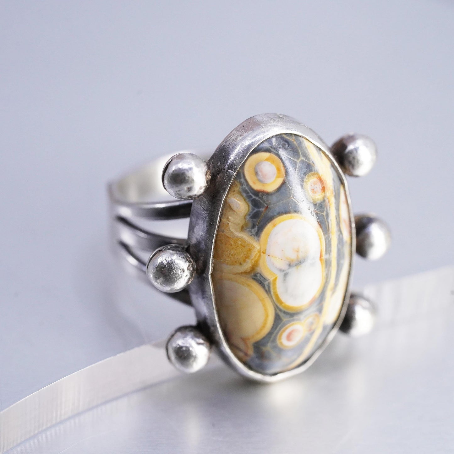 Size 8, 925 Sterling Silver Ocean Jasper Ring, Orbicular Jasper Cabochon Ring