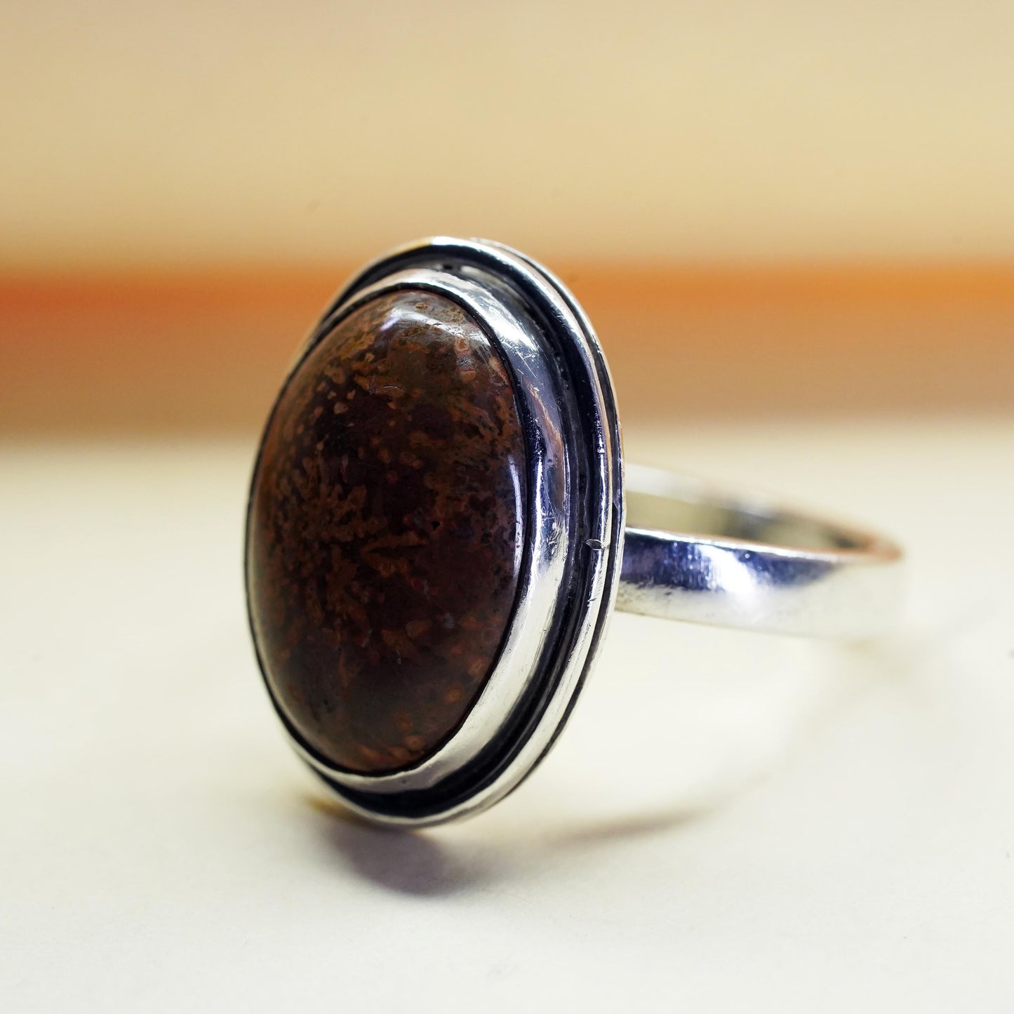 Size 8.25, vintage southwestern sterling 925 silver ring with oval brown jasper
