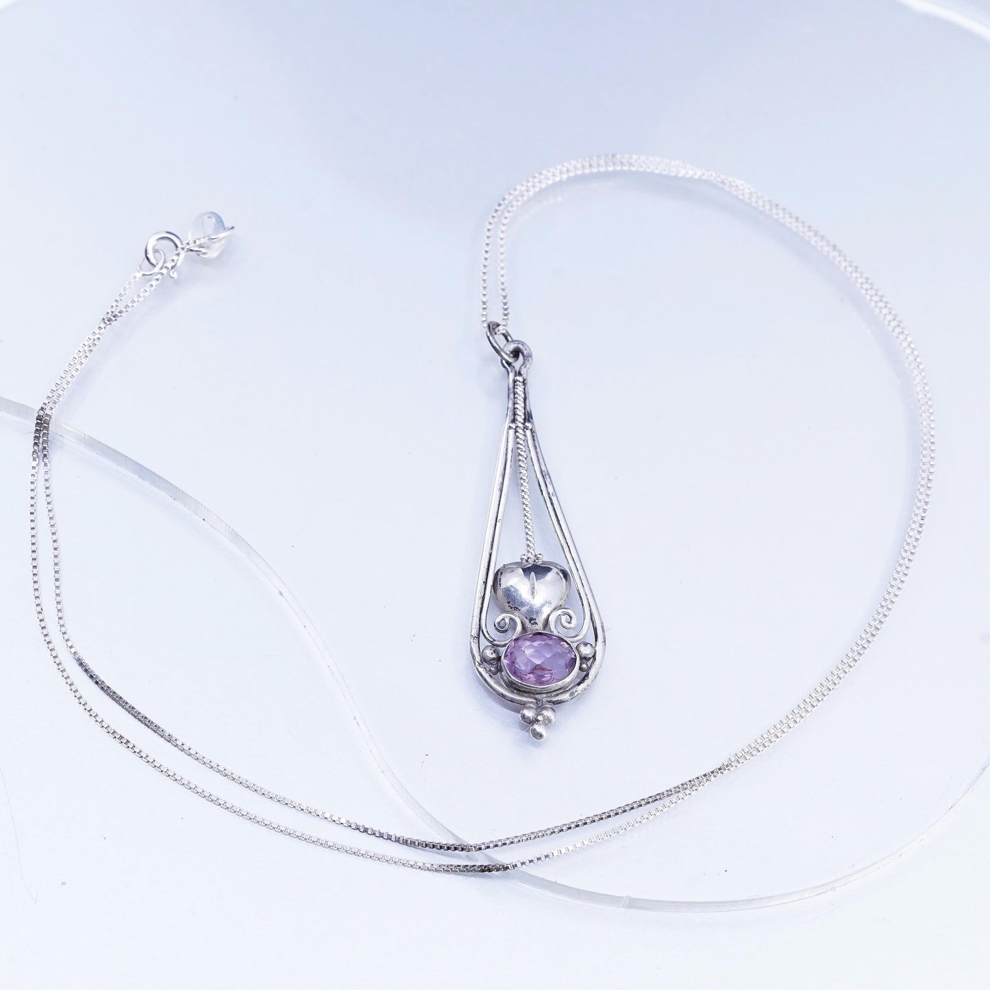 24", Vintage Sterling 925 silver box chain necklace teardrop amethyst pendant