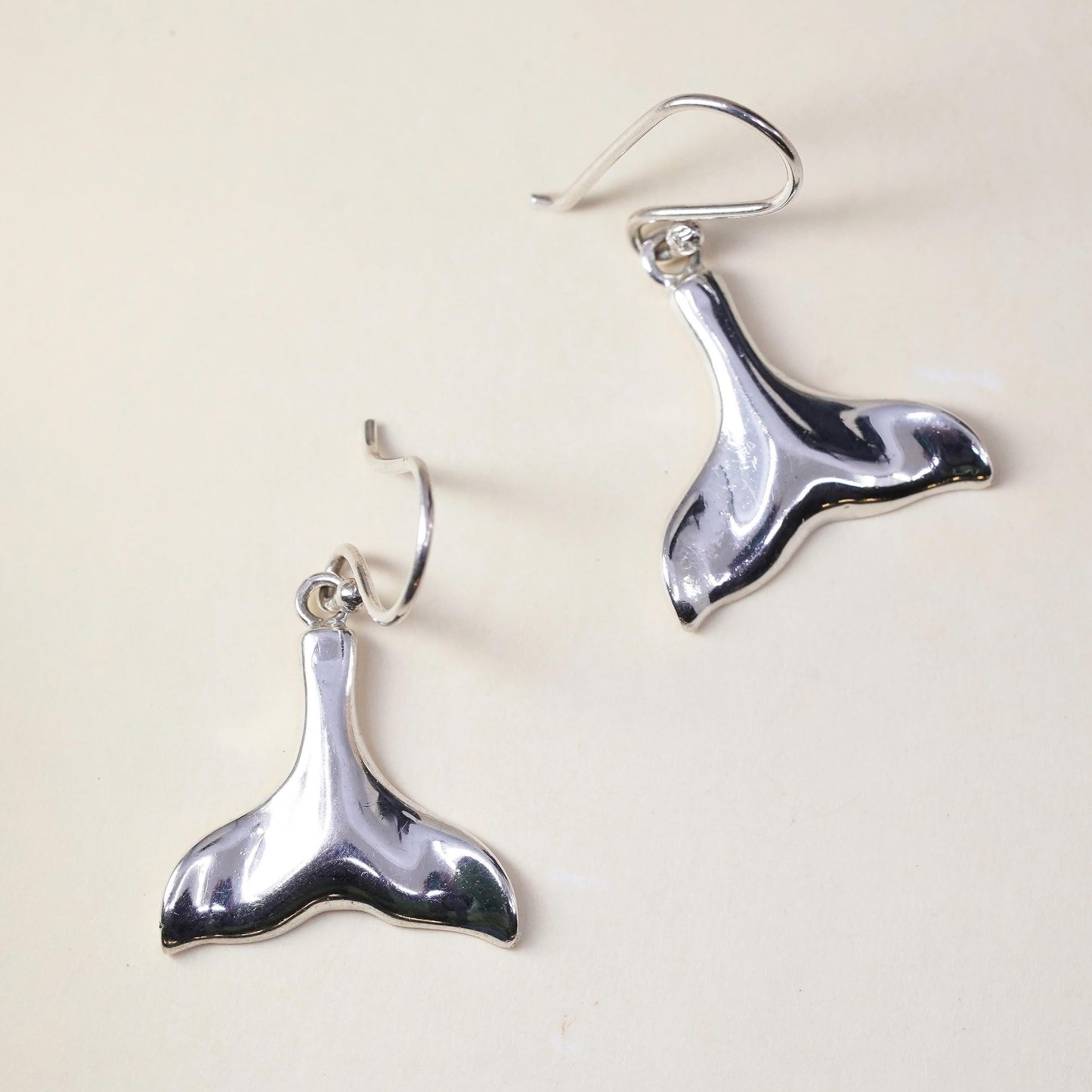 Vintage Sterling silver handmade earrings, 925 silver whale tail dangles