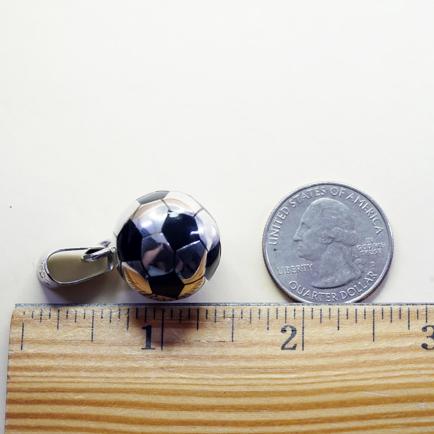 Mexican sterling silver pendant, 925 silver football soccer charm black enamel