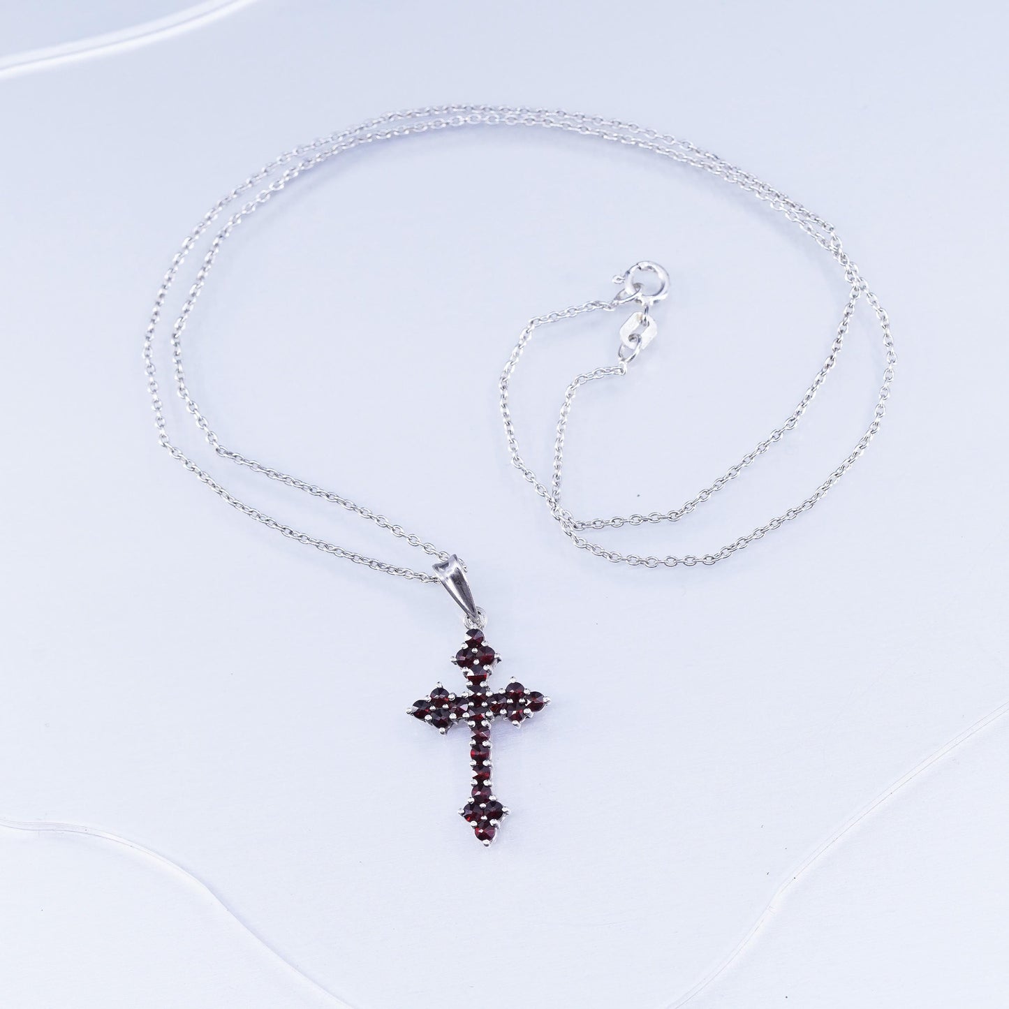 18”, vintage Sterling 925 silver circle necklace w/ cluster ruby cross pendant