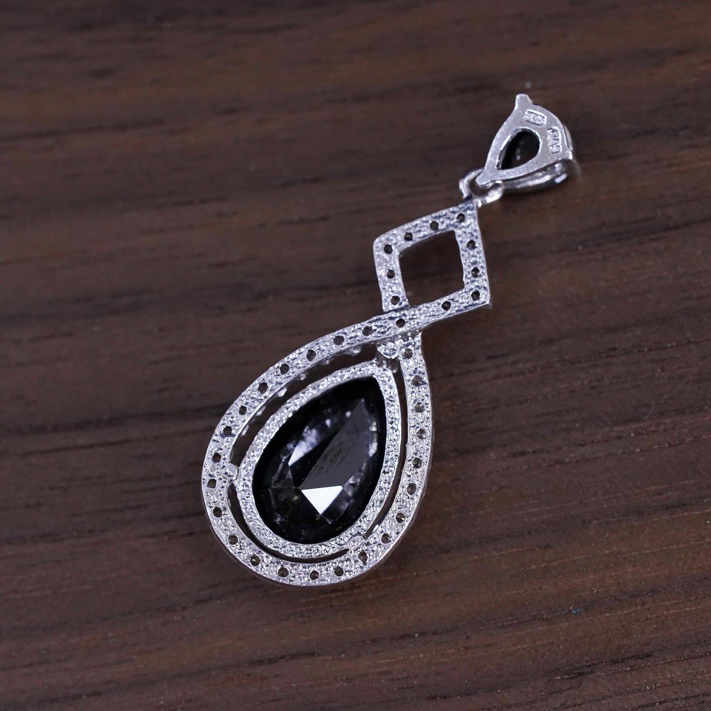 Vintage Sterling Silver 925 teardrop pendant with hematite and cluster cz