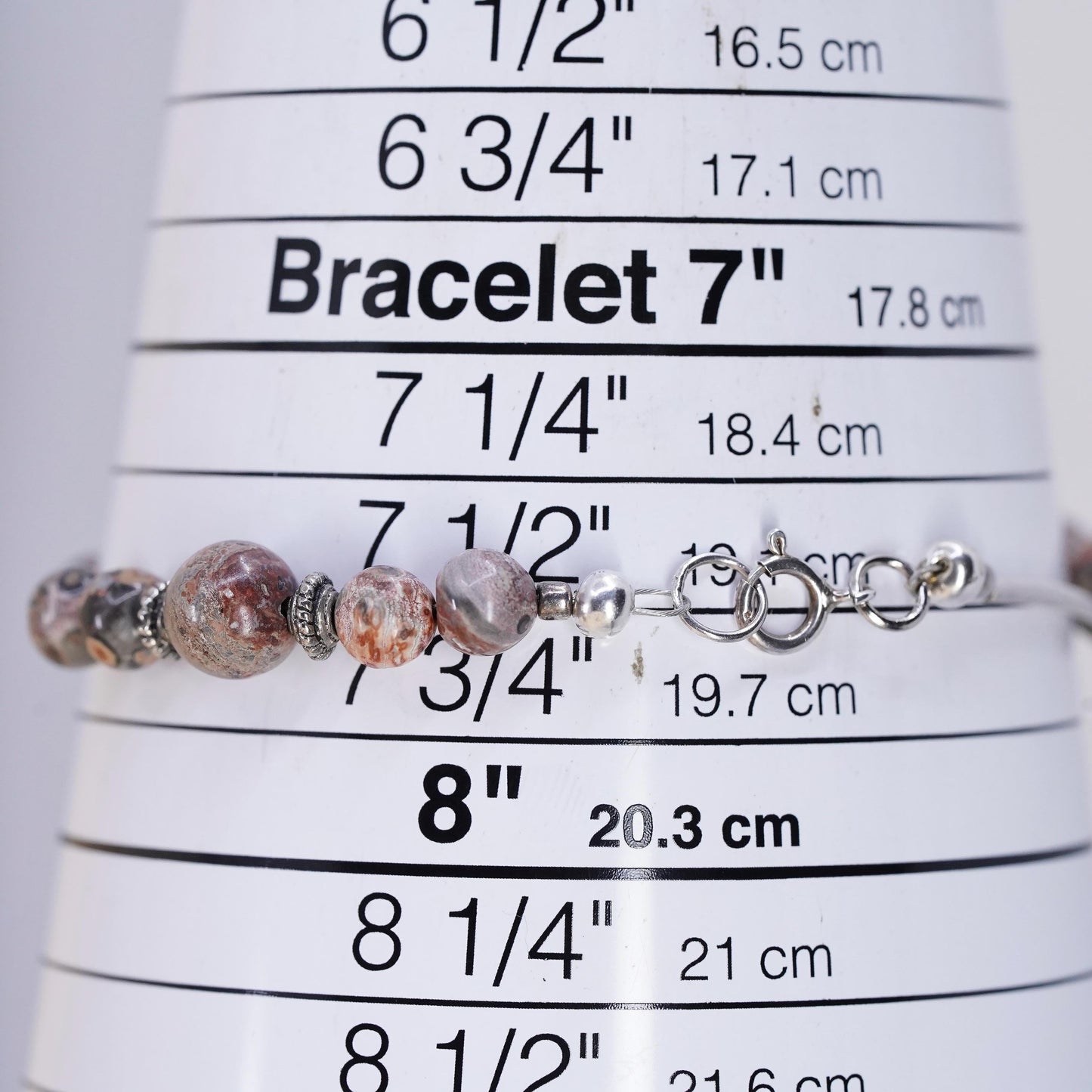 7.75”, Vintage Sterling 925 silver handmade bar bracelet with Jasper beads