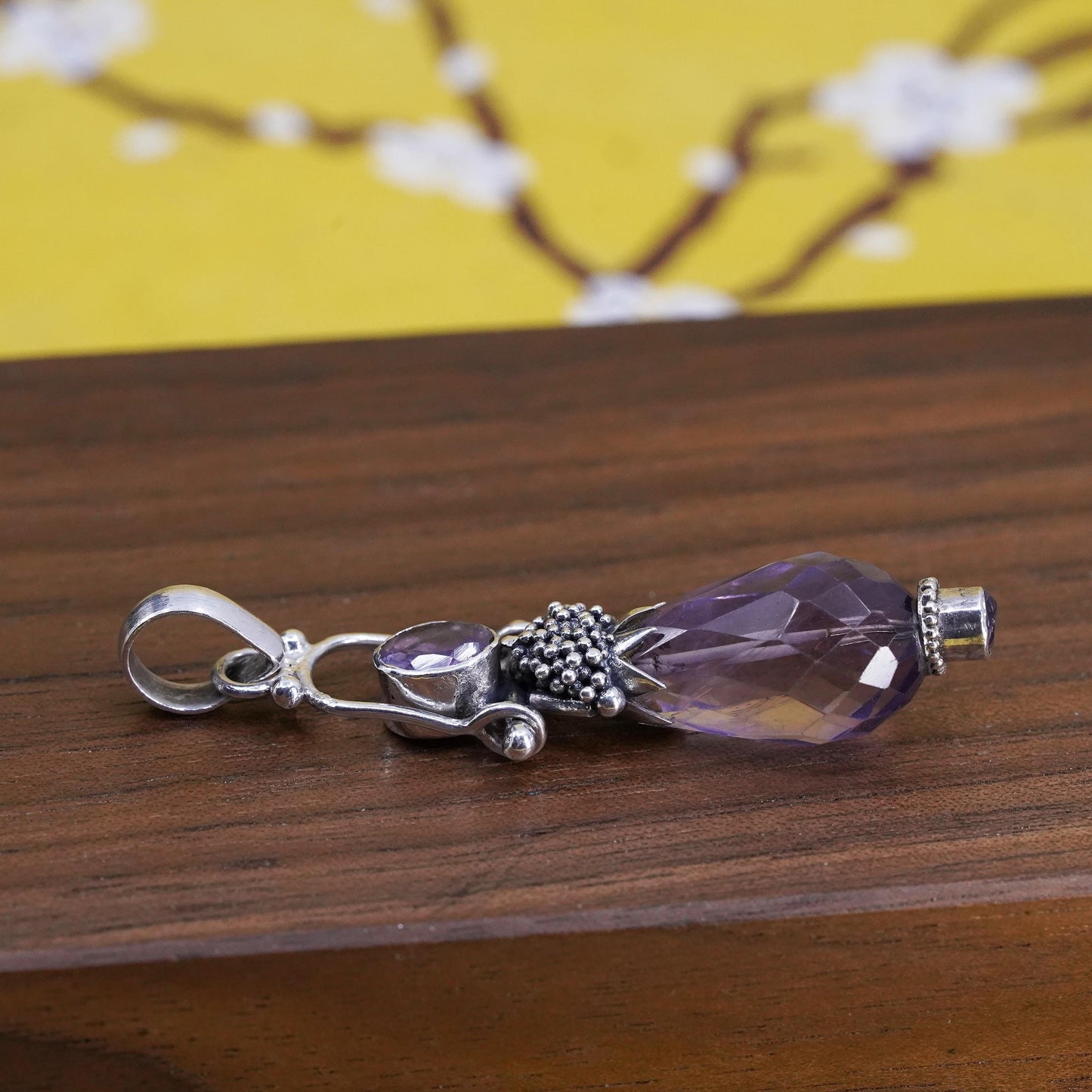 Vintage sterling 925 silver handmade healing crystal pendant with amethyst
