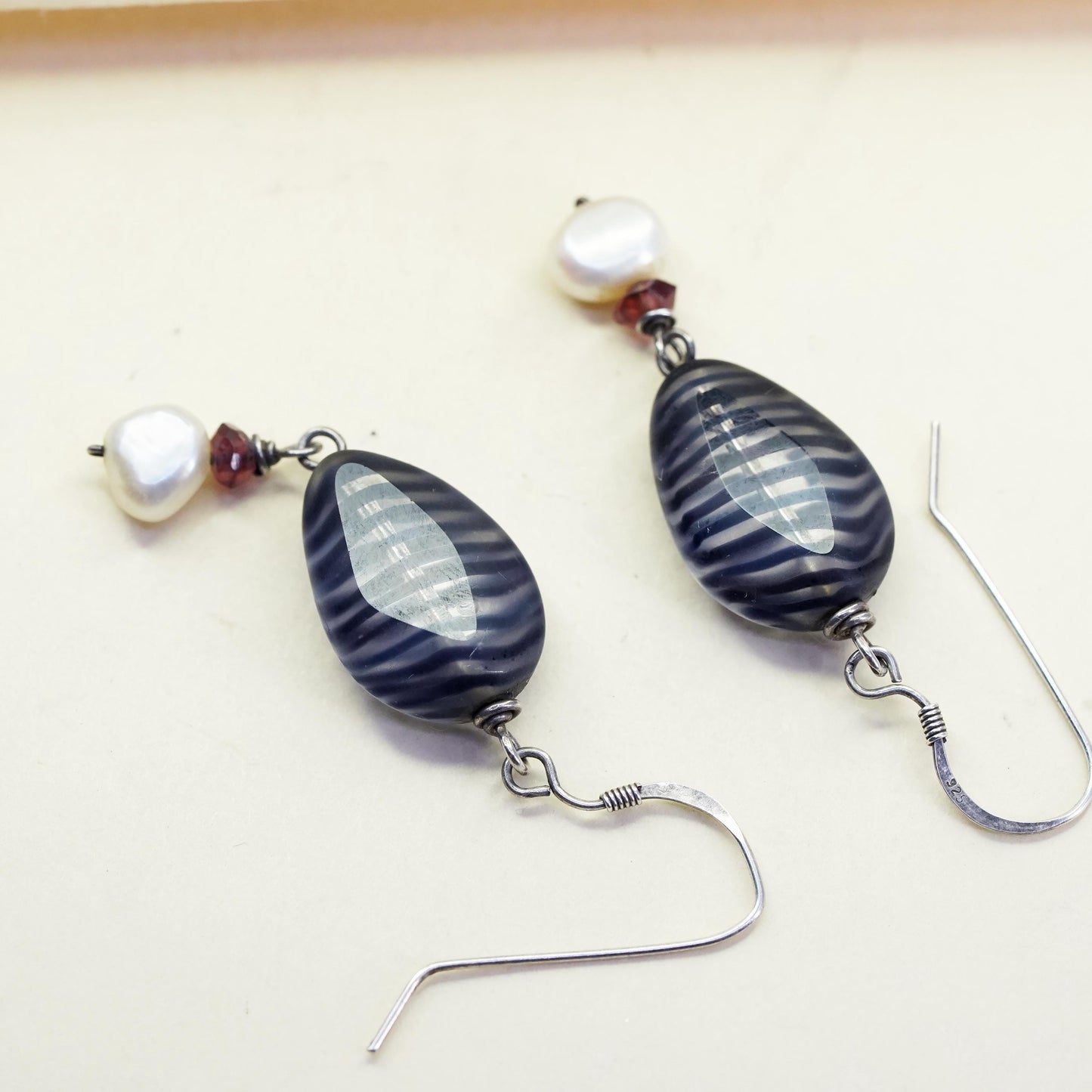Vintage Sterling 925 silver handmade earrings with glass beads pearl dangles