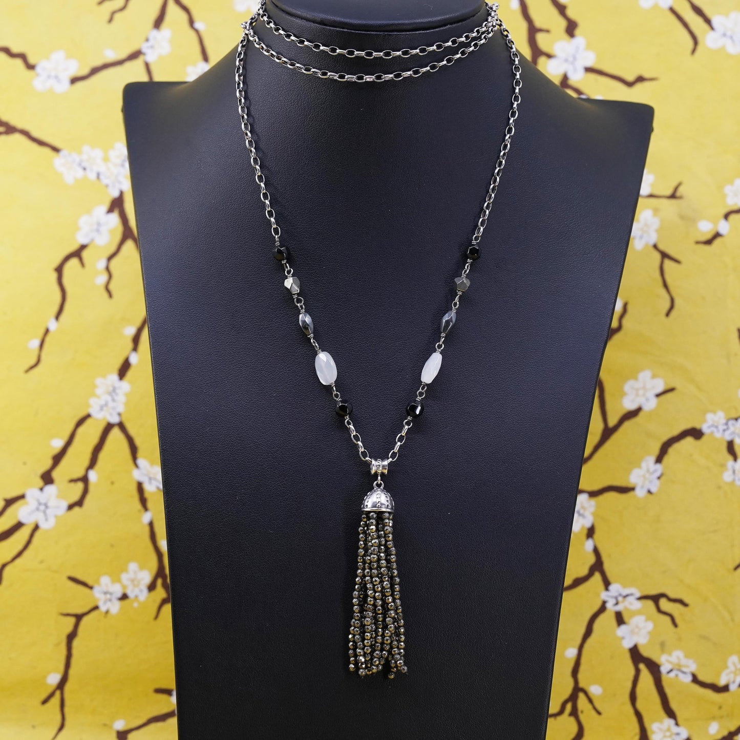 30”, Silpada Sterling Silver 925 oval necklace hematite bead frindge pendant