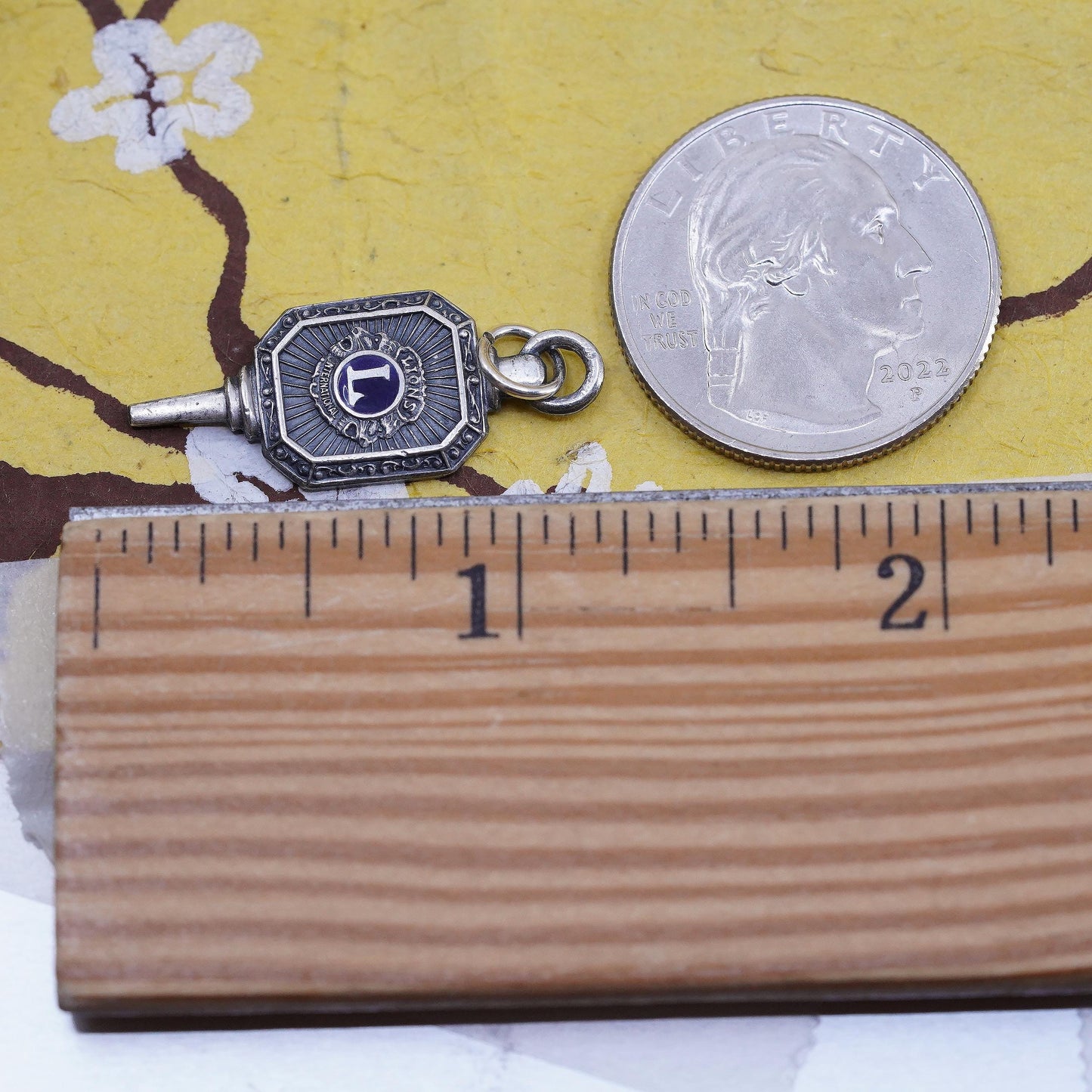 Vintage Lions Clubs International 925 Sterling Silver Key Charm, Lions Club Watch Fob Pendant, Purple Enamel Fraternal Jewelry, stamped Ster
