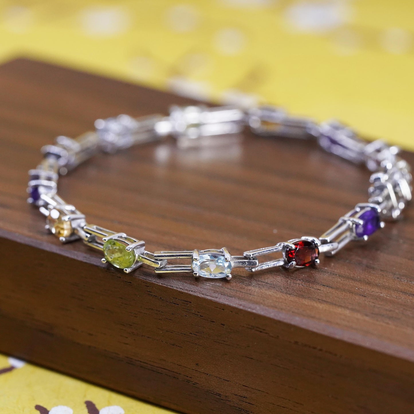 6.75”, Sterling silver tennis bracelet, 925 link amethyst topaz peridot citrine