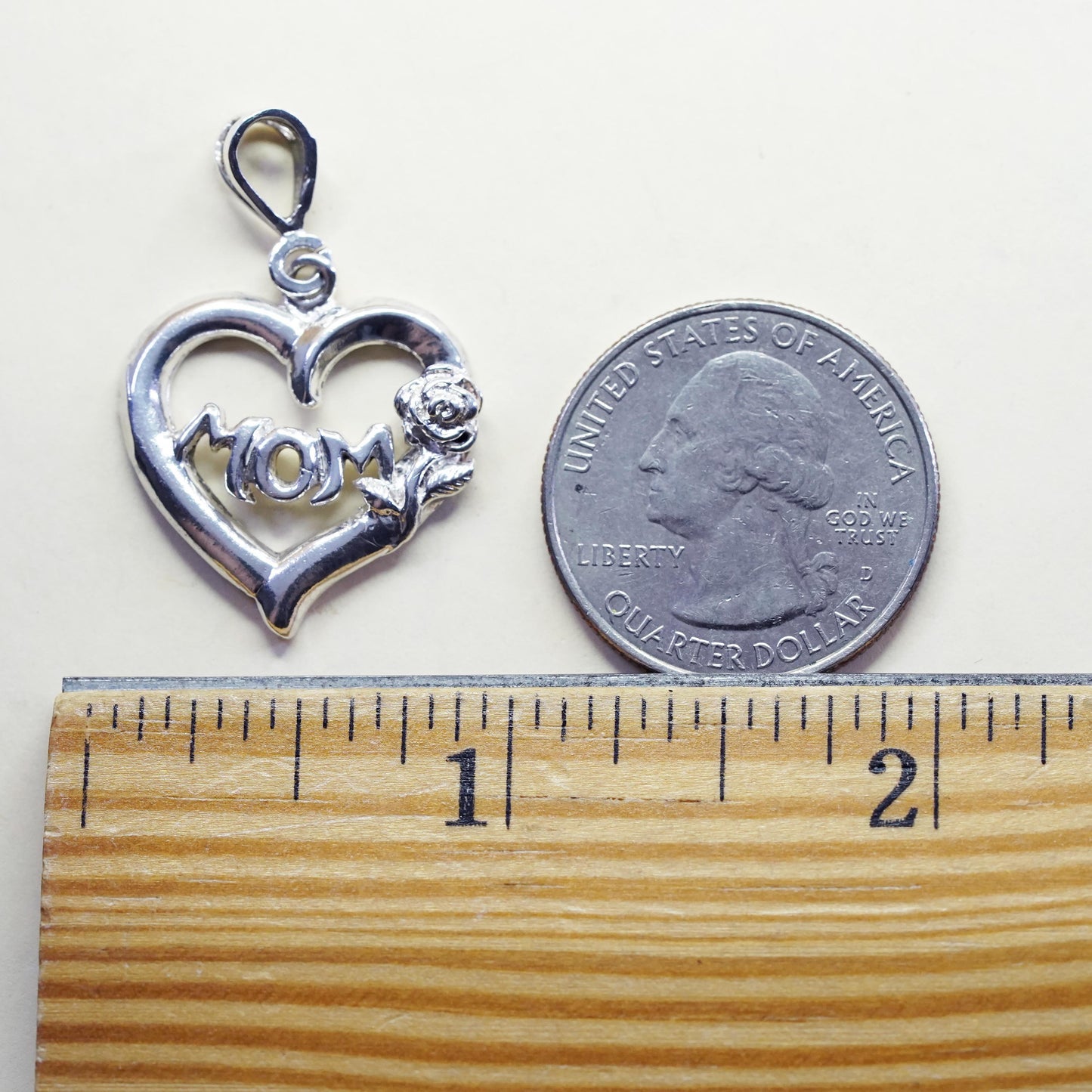 Vintage Sterling silver pendant, rose flower heart with "mom", 925 pendant