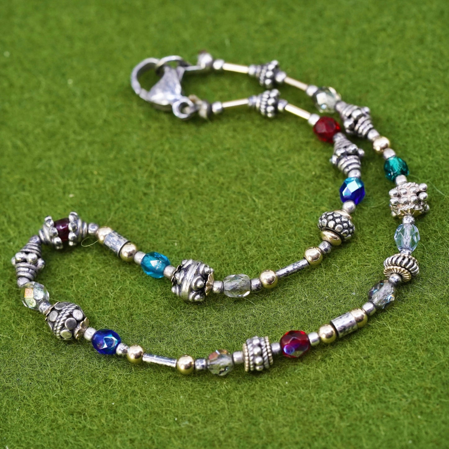 9.5", Italy Sterling 925 silver bracelet anklet with colorful crystal beads
