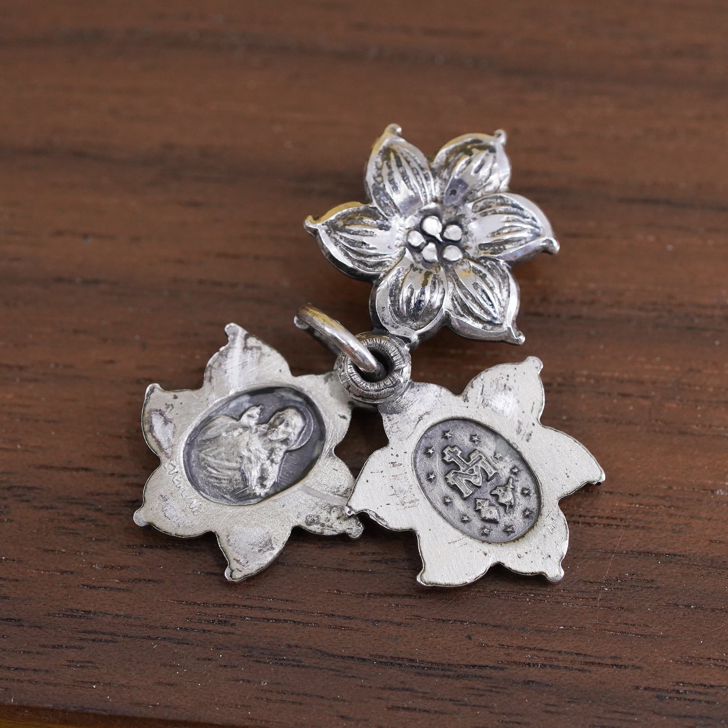 Vintage Sterling silver pendant, 925 flower charm with Jesus and Virgin Mary