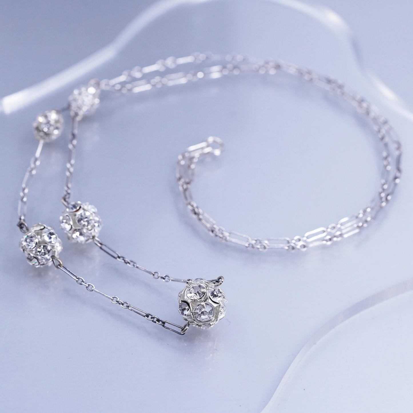 24”, vintage Sterling 925 silver elongated chain pendant necklace with Cz beads