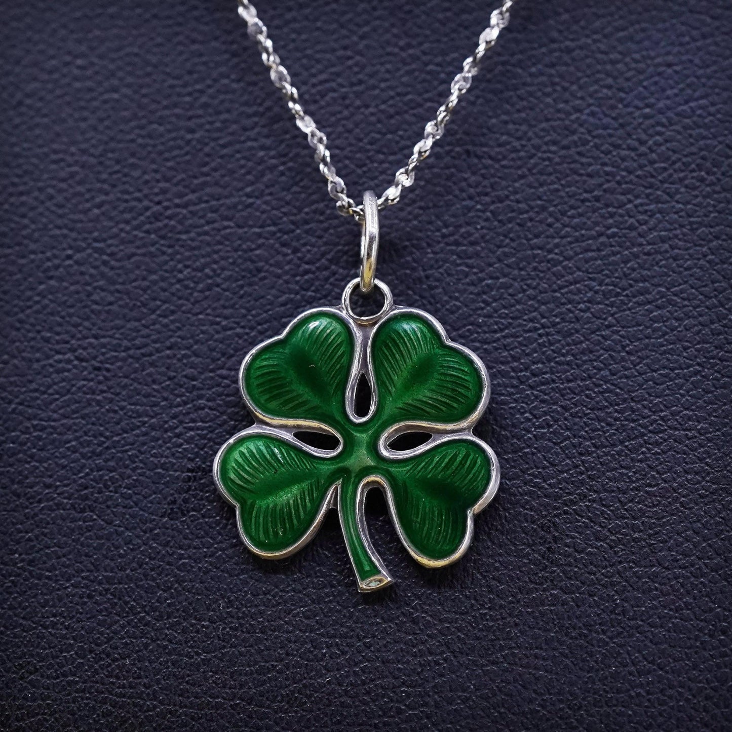 16”, Sterling silver necklace, 925 twisted s link chain enamel clover pendant