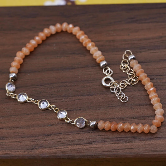6.5+1.5”, VTG Sterling silver handmade bracelet, rose pink quartz beads chain