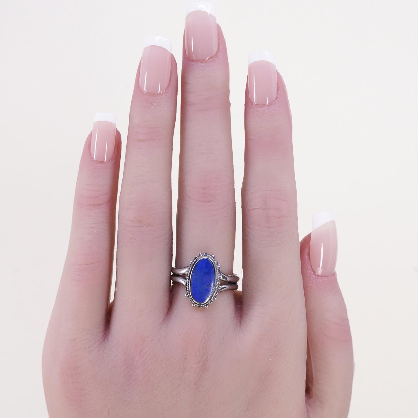 Size 9, vintage Boma 925 silver statement ring with oval Lapis lazuli and beads