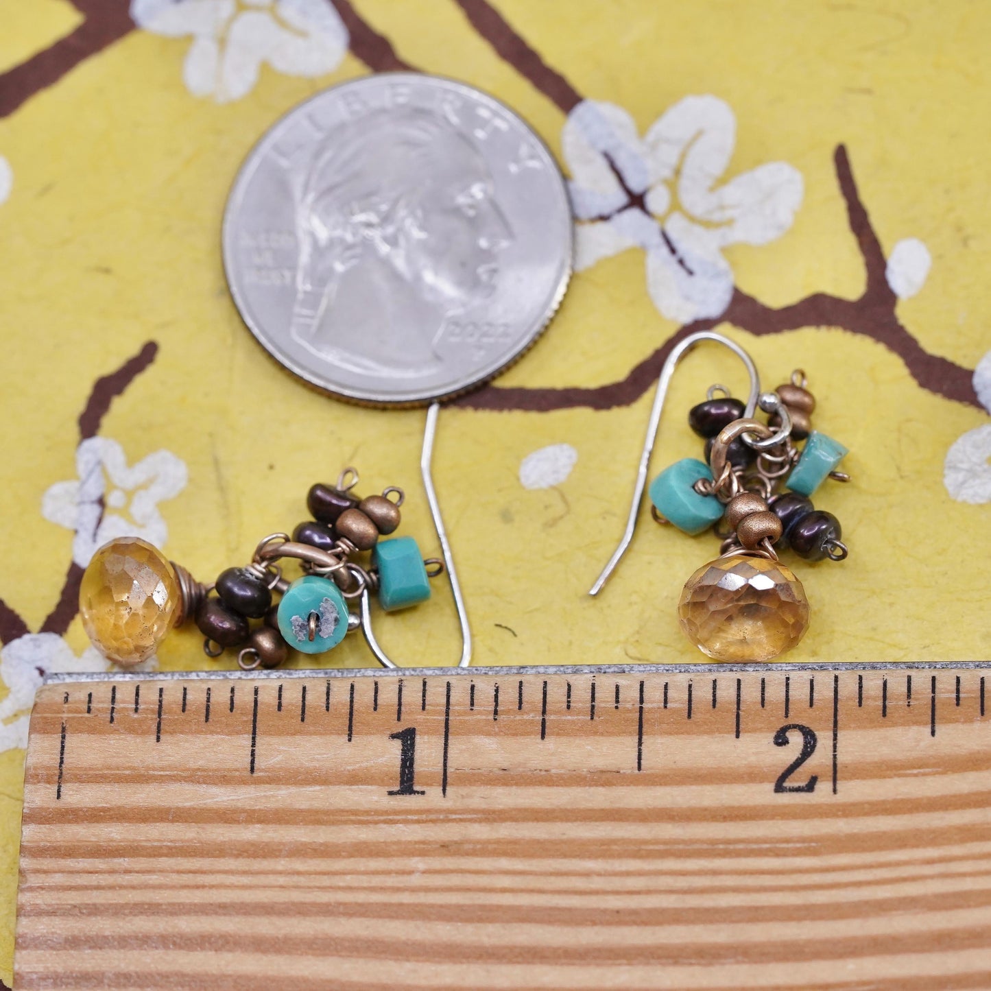 VTG sterling silver handmade earrings, 925 teardrop citrine turquoise beads