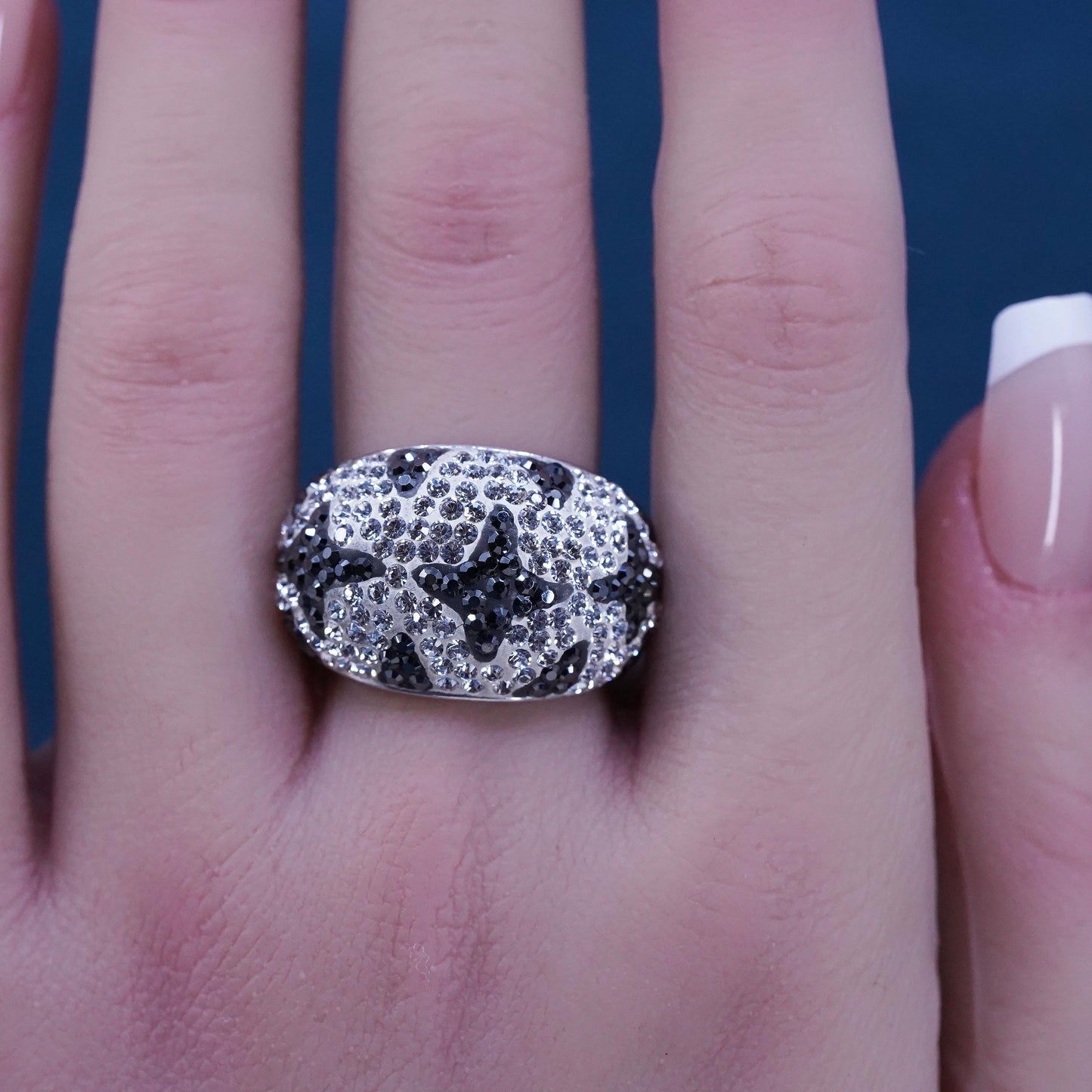 Size 8.25, two tone sterling silver star ring with cluster Cz, gift Christmas