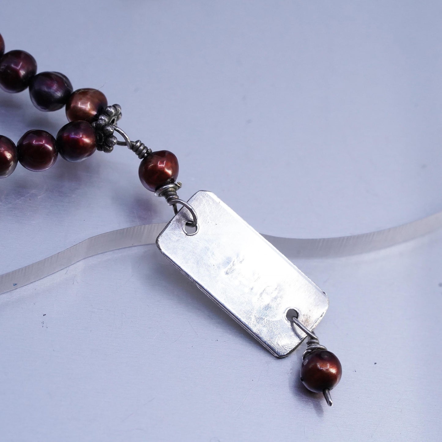 16", Vintage 5mm red freshwater pearl necklace Sterling 925 silver pendant Sing