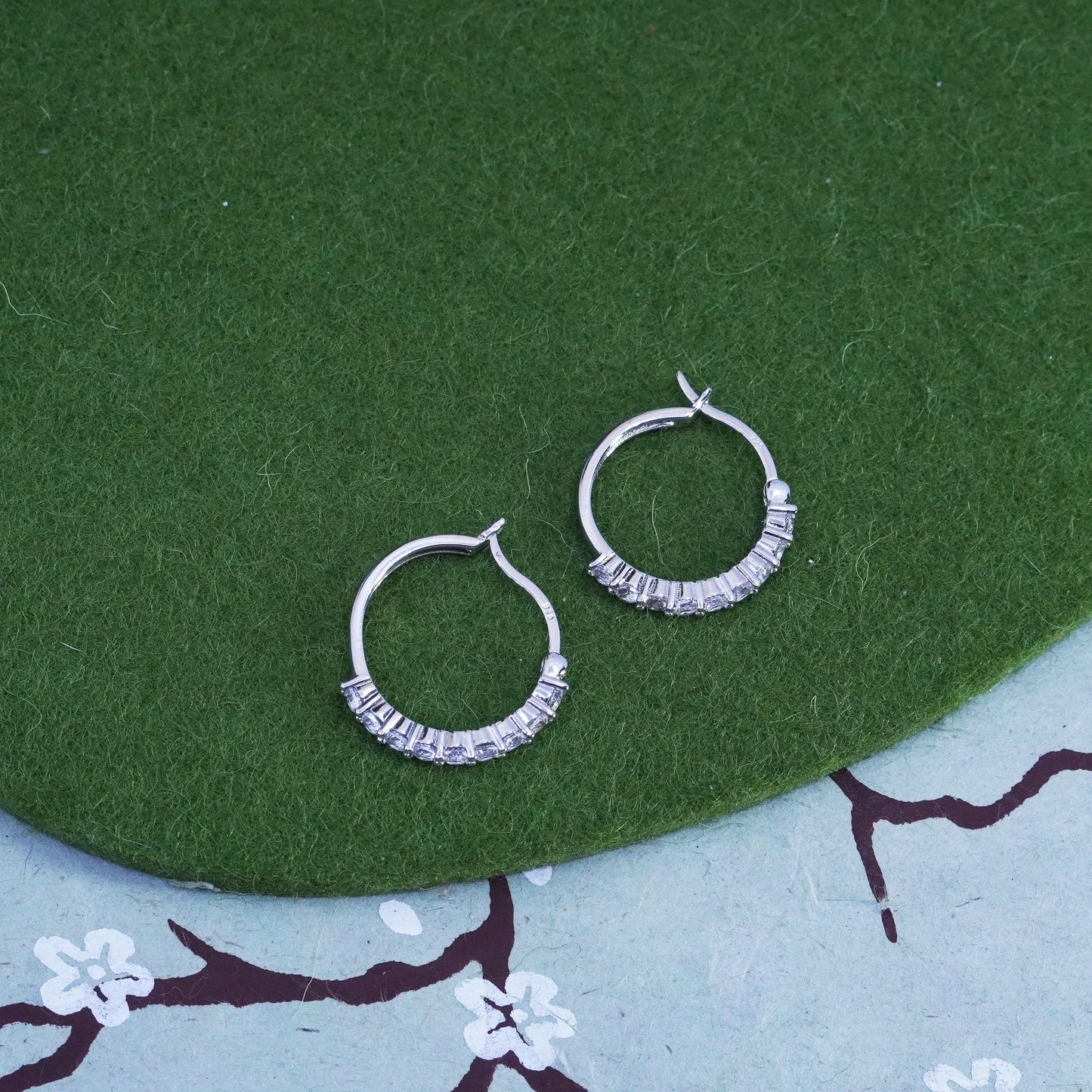 0.75”, Vintage sterling silver 925 earrings hoops, huggie with crystal inlay