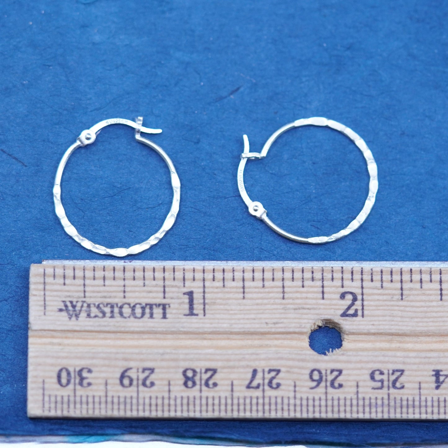 0.75”, vintage Sterling silver handmade earrings, textured 925 hoops, huggie