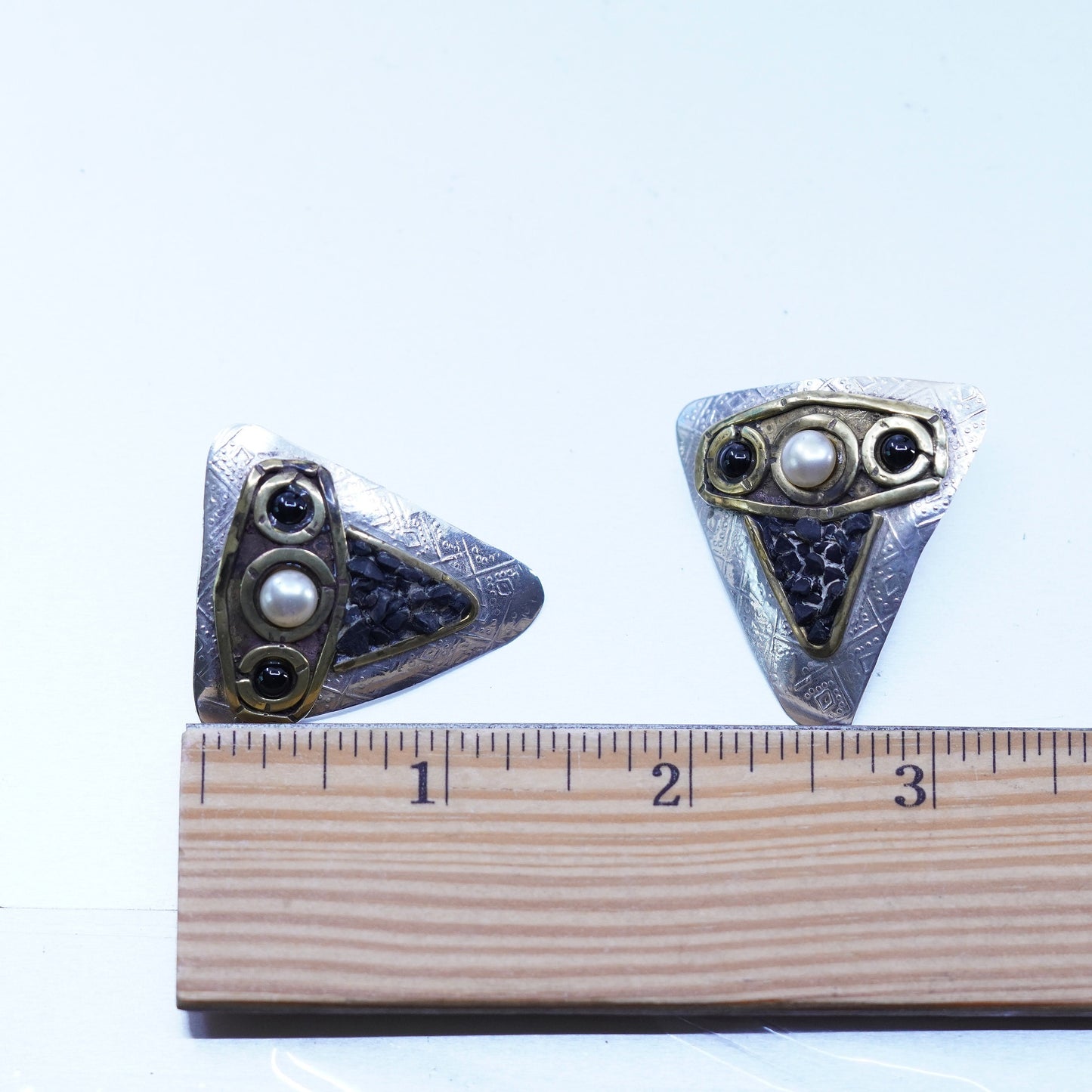 two tone Sterling 925 silver earrings, triangular owl studs pearl black onyx