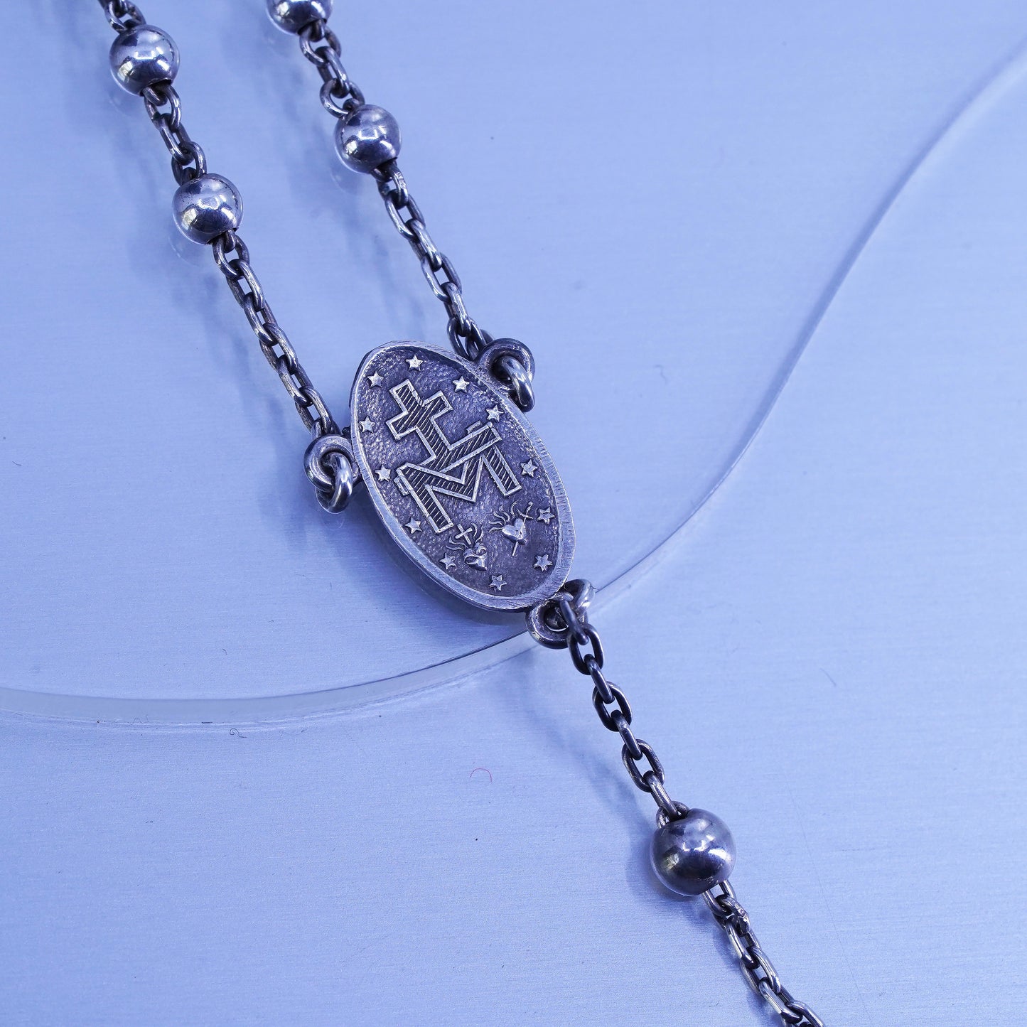 24”, Georgia sterling silver rosary necklace circle chain Jesus cross beads