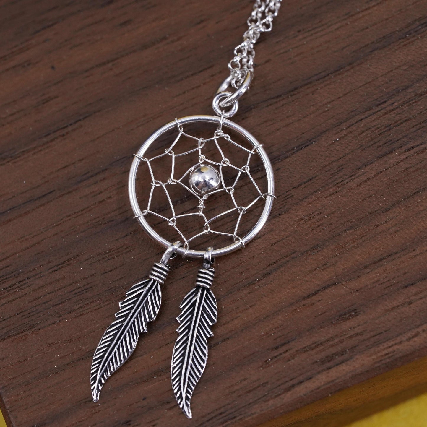 16+2", vintage sterling 925 Silver necklace net pendant and feather dangles