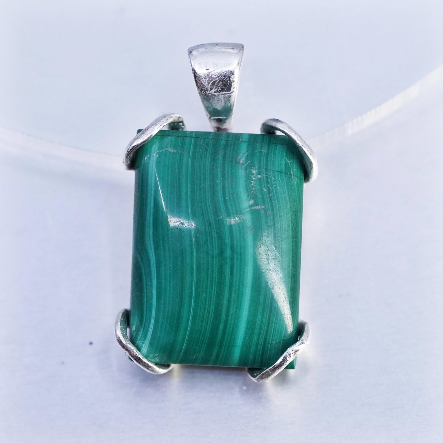 Vintage sterling 925 silver handmade rectangular pendant with malachite