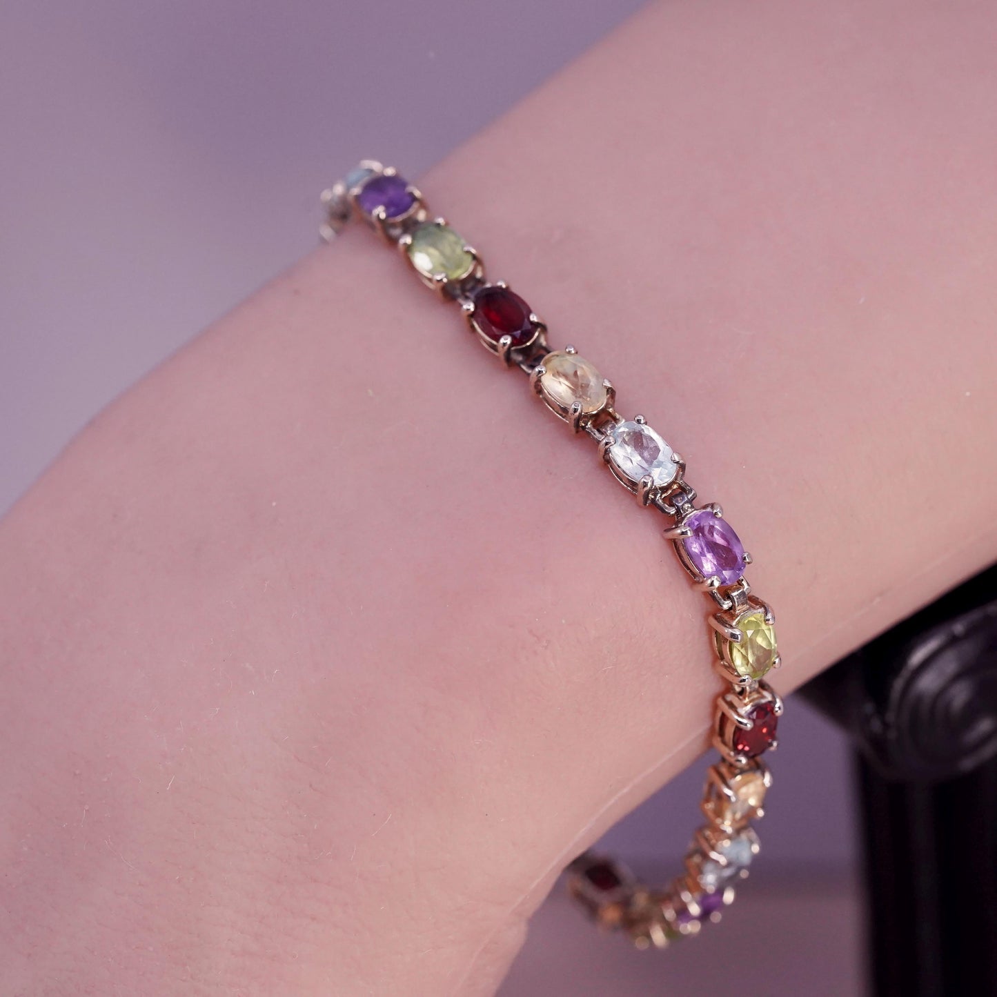 6.75” VTG gold plated sterling silver 925 tennis bracelet multi color gemstones