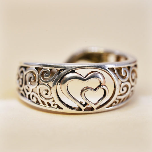Size 6.5, Vintage sterling silver handmade ring, 925 filigree double heart band