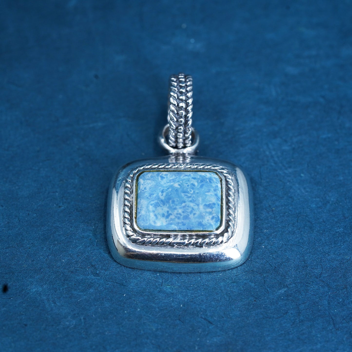 Sterling silver handmade pendant, 925 rectangular with denim lapis lazuli cable