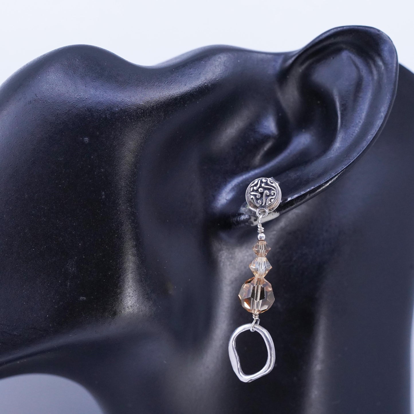 Vintage Sterling 925 silver handmade textured oxidized earrings orange crystal