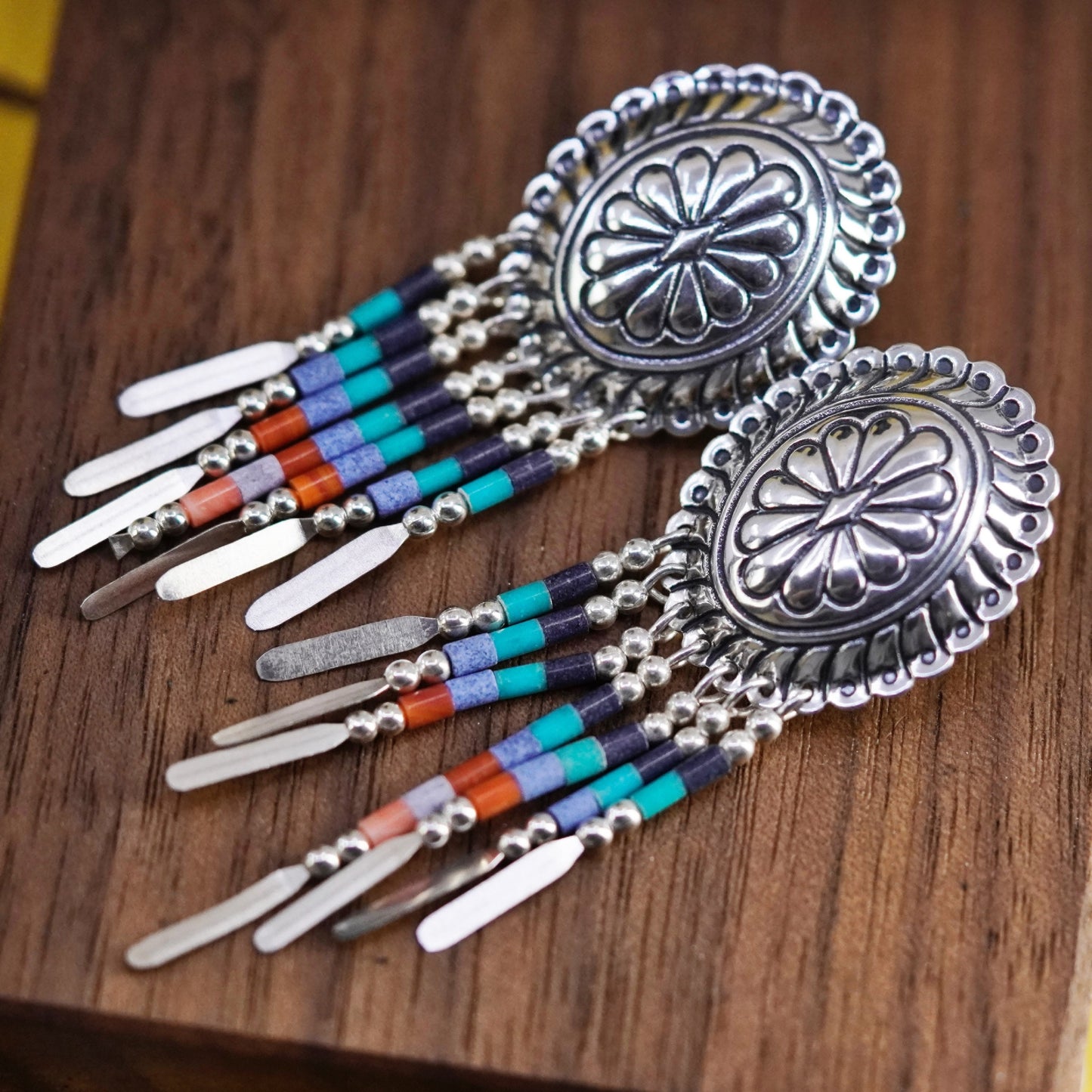 Quoc Turquoise Q.T. Sterling Silver Earrings, 925 studs malachite fringe drops