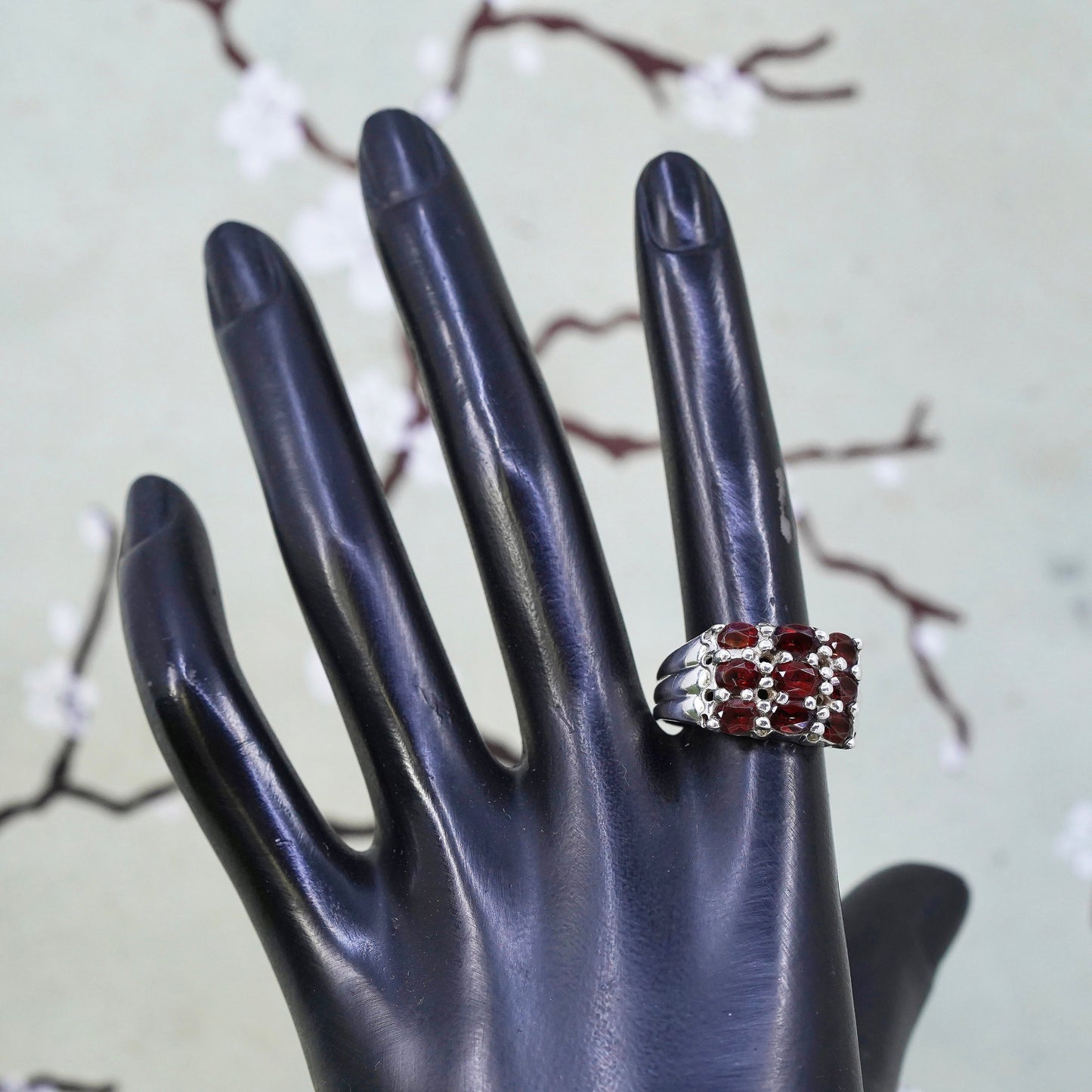 Size 9.75, vintage sterling silver 925 handmade ring with cluster ruby