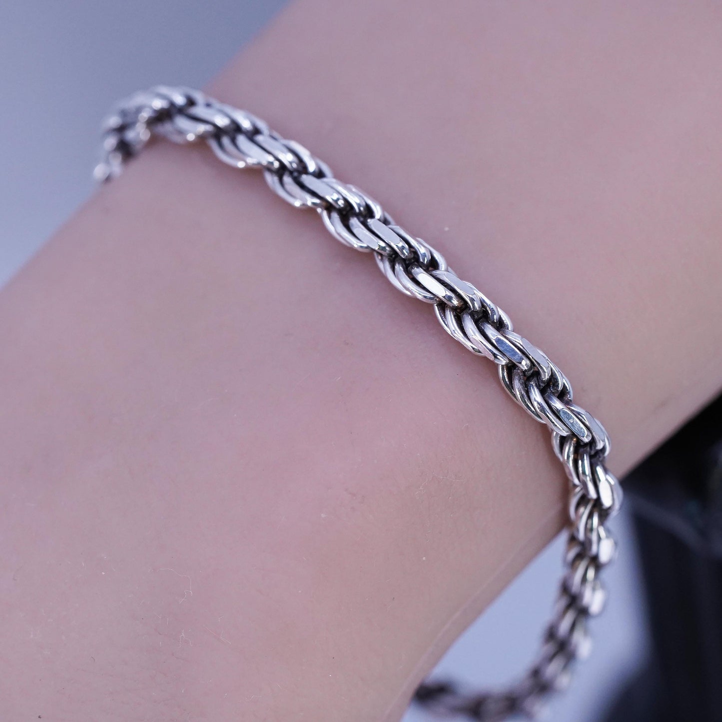 7" 5mm, vintage Sterling 925 silver bold bracelet, diamond cut rope chain