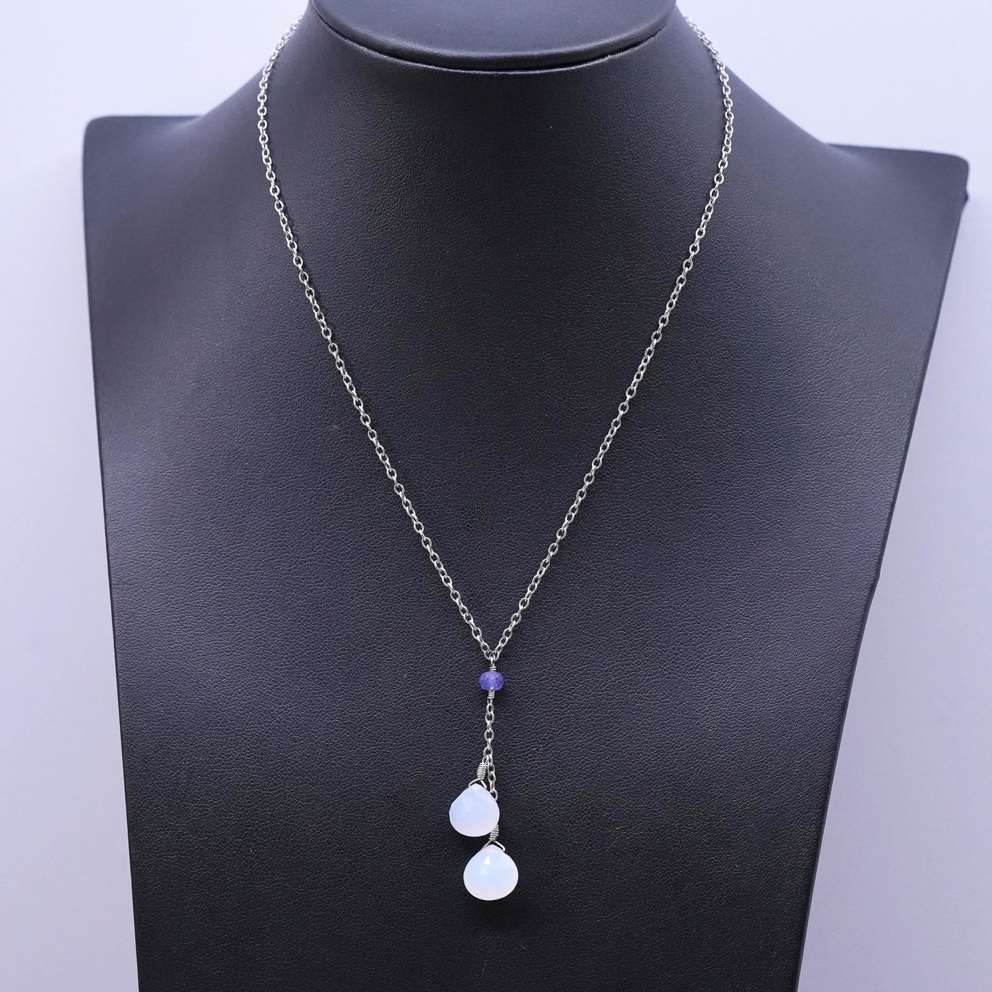 16+2”, Sterling silver necklace, 925 circle chain teardrop chalcedony pendant