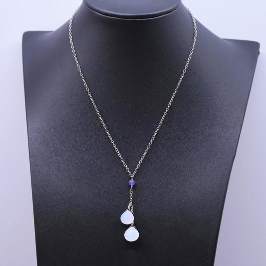 16+2”, Sterling silver necklace, 925 circle chain teardrop chalcedony pendant