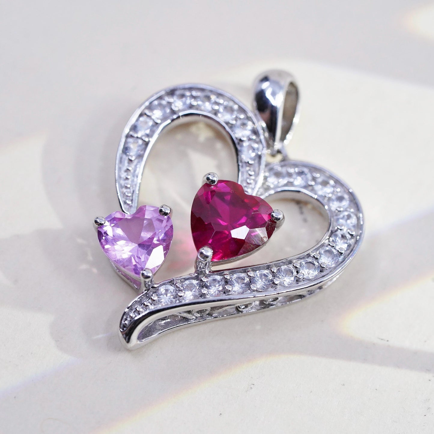 VTG SUN 925 Sterling silver Pendant, pink sapphire ruby heart cluster diamonds