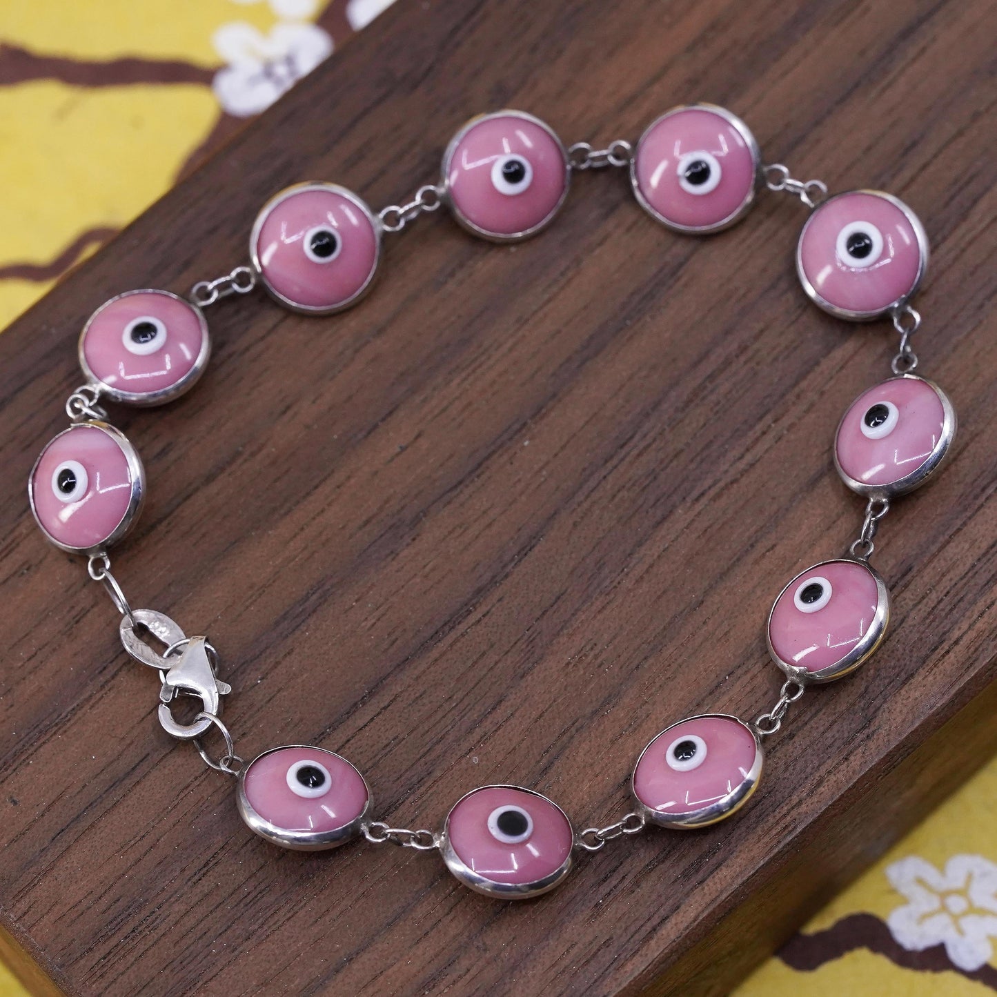 6.75", vintage sterling 925 silver handmade bracelet pink evil eye bracelet