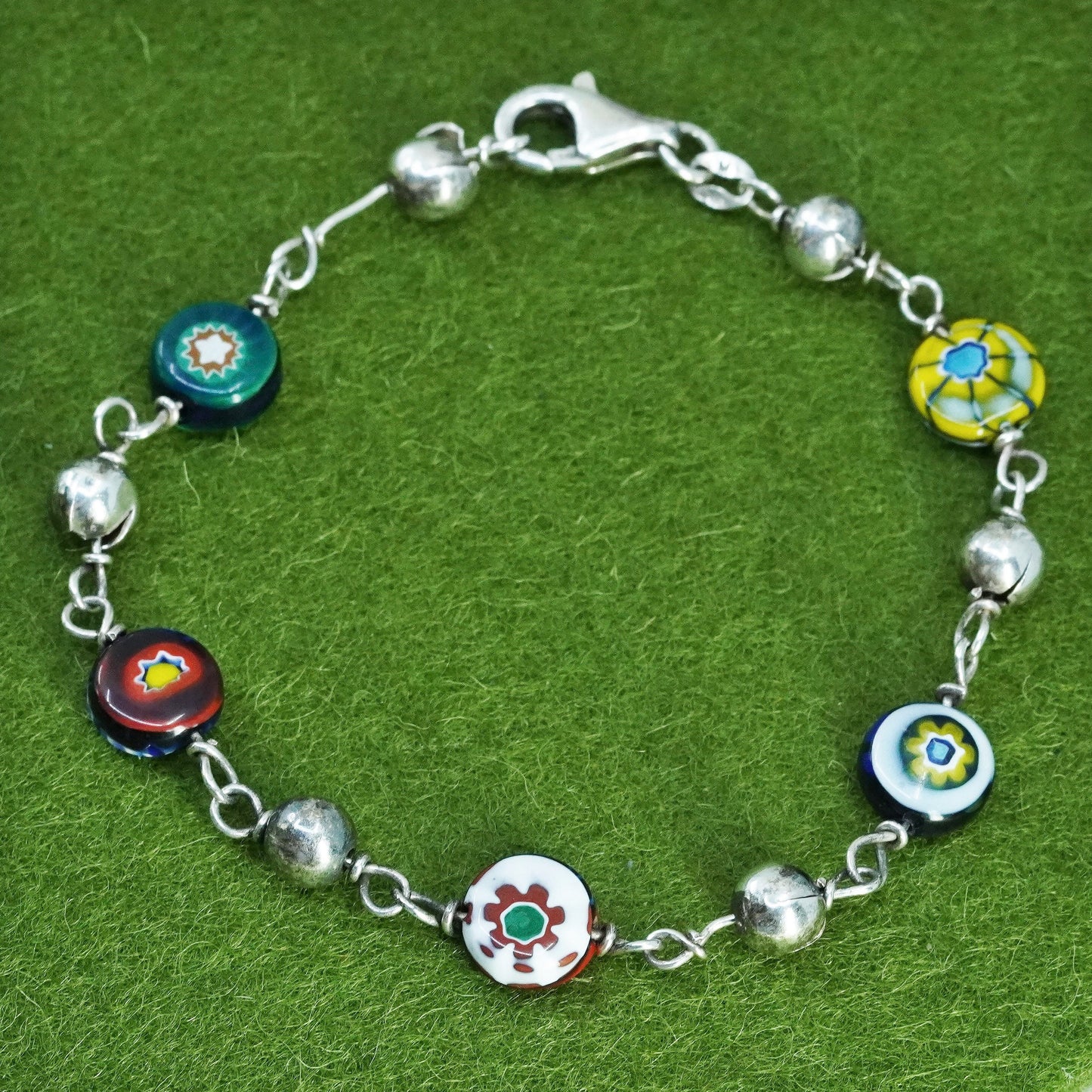 7”, vintage Italy Sterling 925 silver bracelet with artisan Murano glass beads