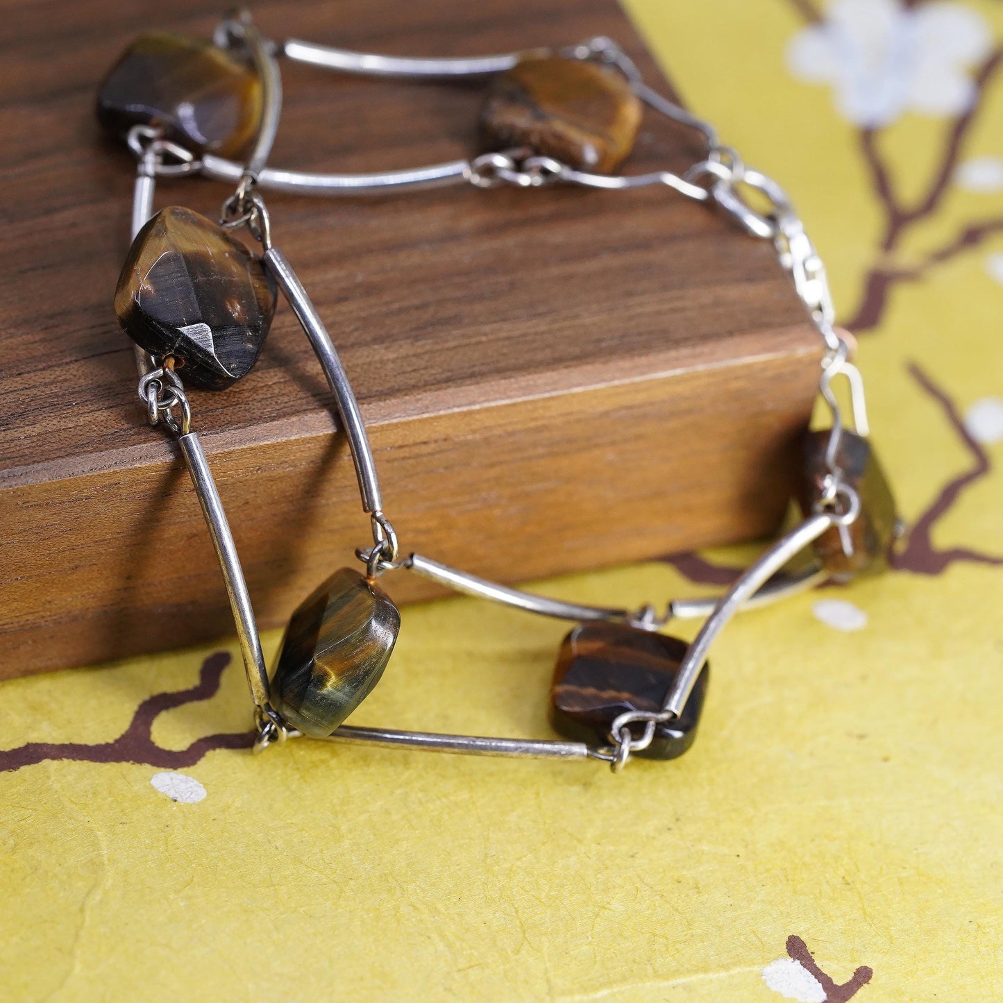 7", vintage 925 Sterling silver handmade bracelet, tube chain golden tiger eye