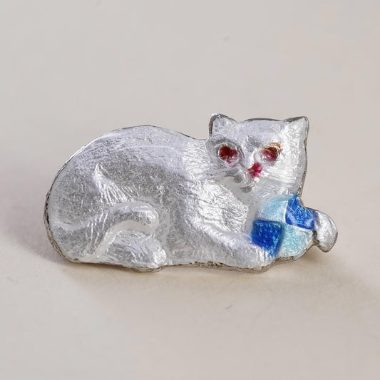 Vintage Sterling silver handmade brooch, 925 enamel white cat pin
