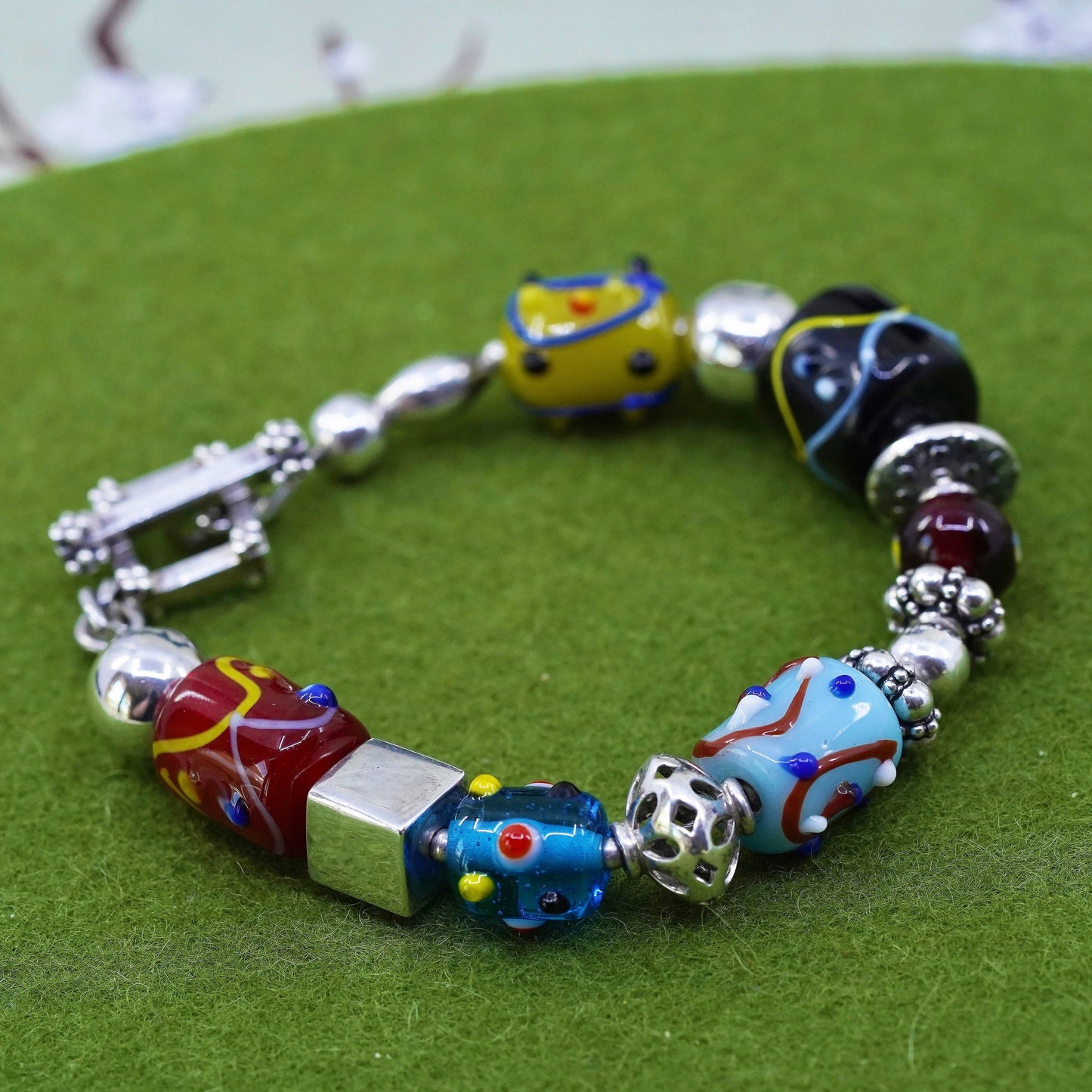 7”, VTG Silpada Sterling Silver Lampwork Art Glass Bead Toggle Bracelet B0871
